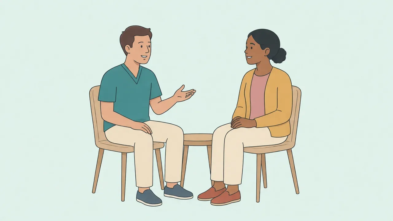 A doctor and an adult patient talk in a consultation room, both fully clothed, with no instruments in view