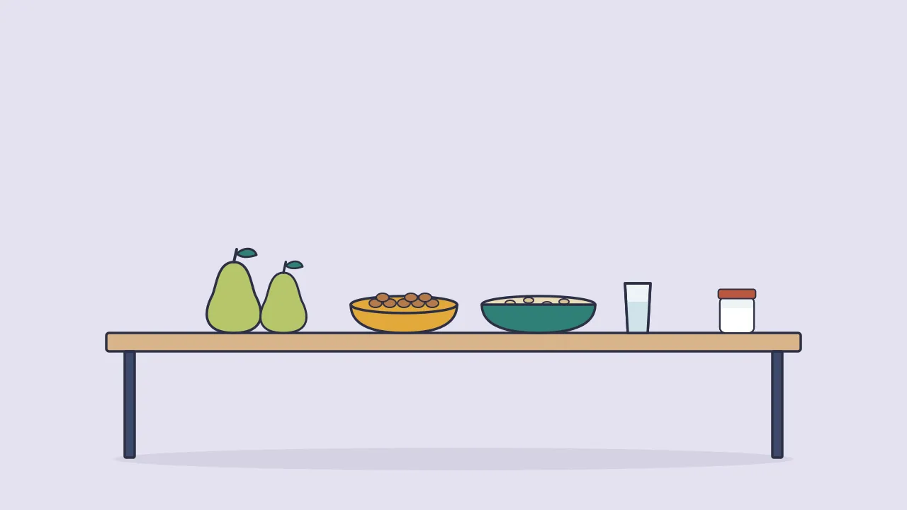 Pears, a bowl of beans, a bowl of oats and a glass of water on a table, with a small jar of oil pushed to the far end