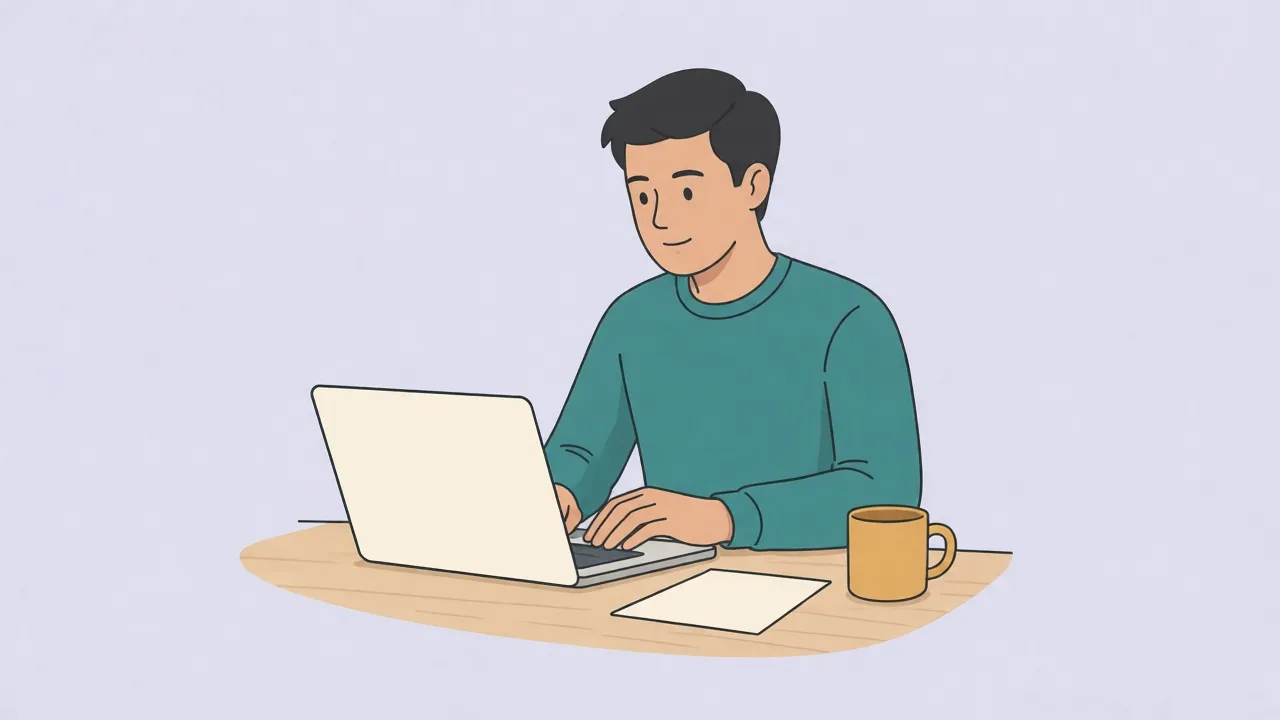 A man at a wooden desk types on a laptop with a blank cream screen, with a blank sheet of paper and a mustard mug beside him