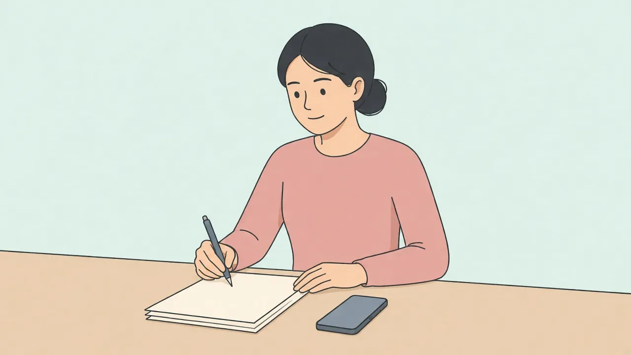 A woman sits at a wooden desk writing with a pen on a stack of blank papers, with a phone lying beside the papers and no photographs on the desk
