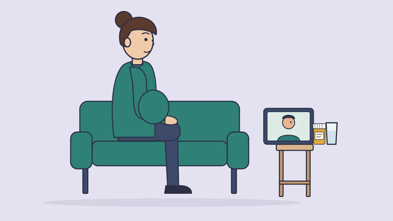 A pregnant woman rests on a sofa beside a side table with a tablet showing a clinician on a video call, a small supplement bottle and a glass of water