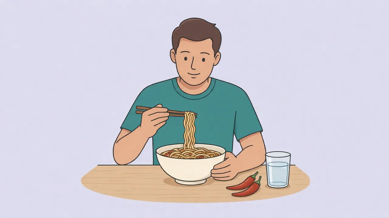 A man in a shirt sits at a table eating a bowl of noodles with chopsticks, with red chili peppers and a glass of water beside the bowl.