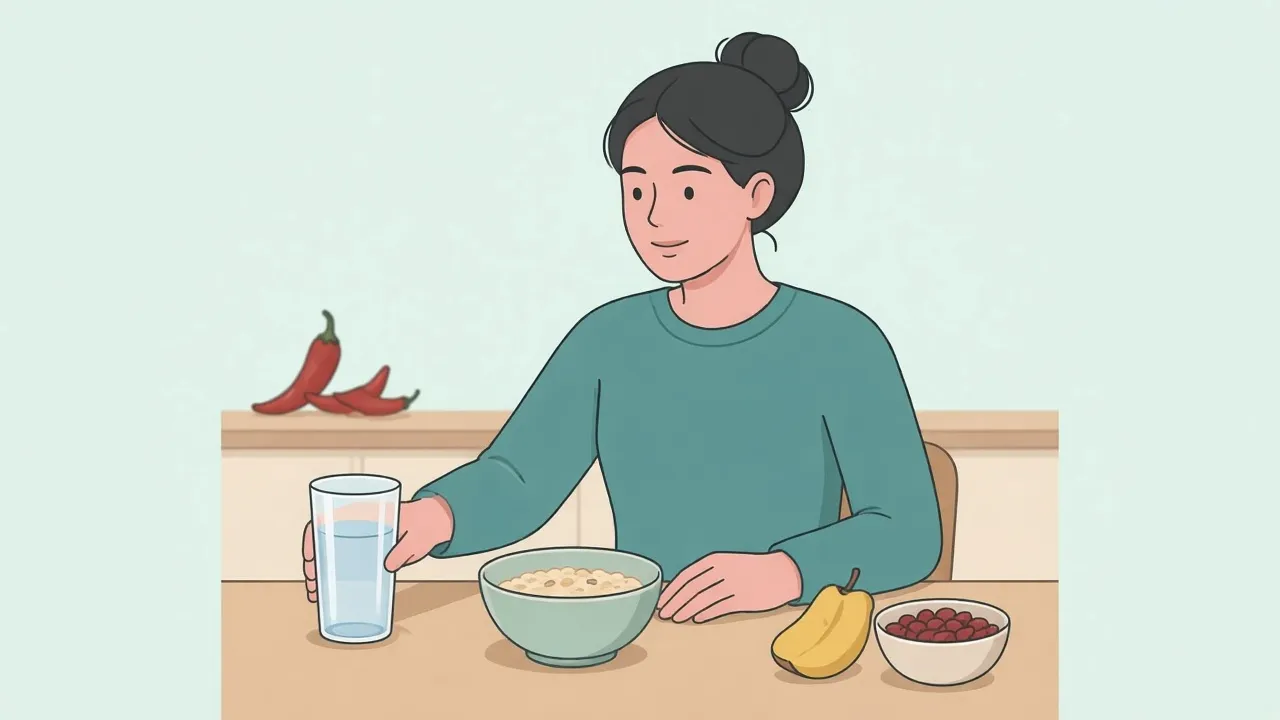 A person at a kitchen table reaches for a tall glass of water beside a bowl of oatmeal, fruit, and beans, with chili peppers left at the far end of the counter.
