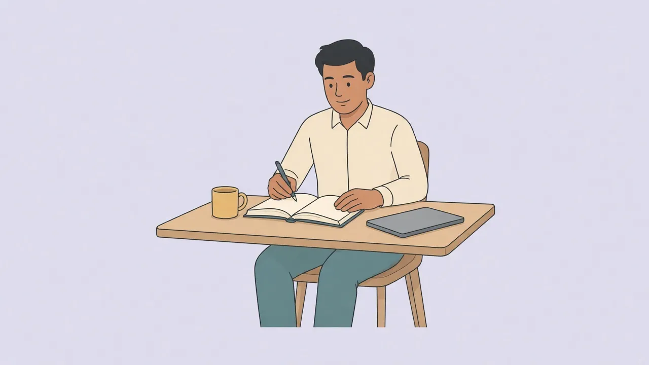 A man in a cream shirt writes in an open book with blank pages at a wooden desk, with a pen, a mustard mug and a closed laptop
