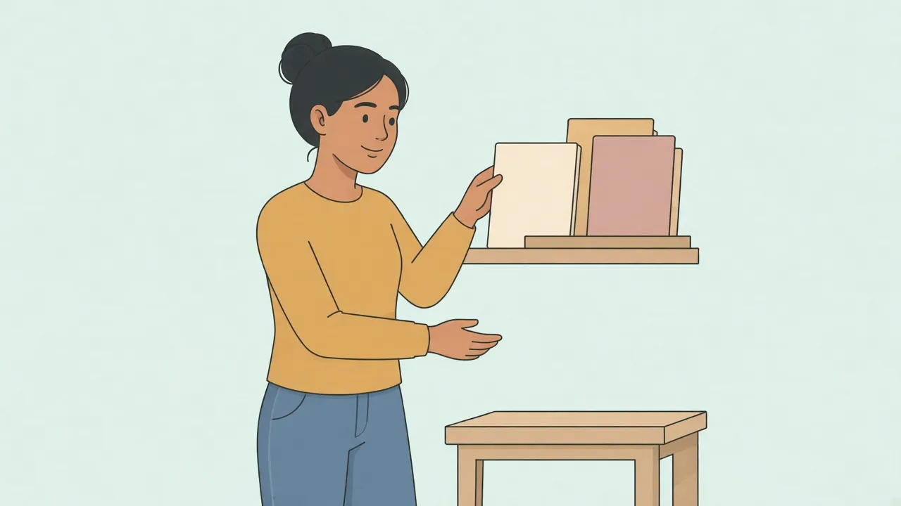 A woman places a plain unlabeled folder on a shelf of plain folders in a small office with a wooden desk