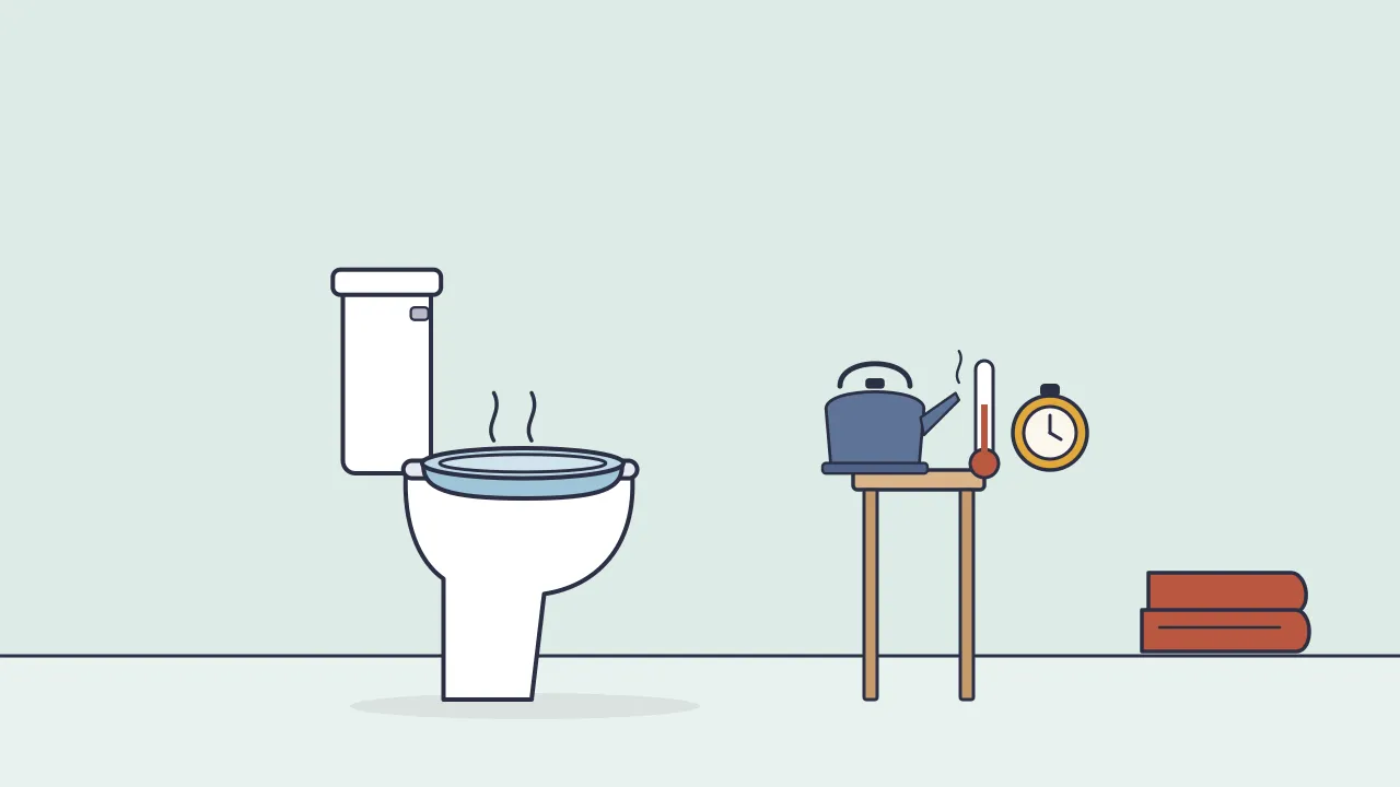 A sitz bath basin set on a toilet seat, with a kettle, a thermometer and a timer on a stool beside it and a folded towel on the floor
