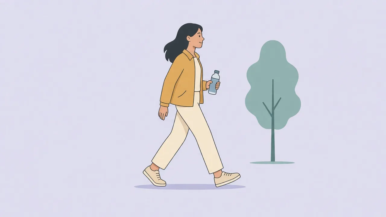 An adult in a mustard jacket walks briskly on a park path, fully clothed, carrying a water bottle