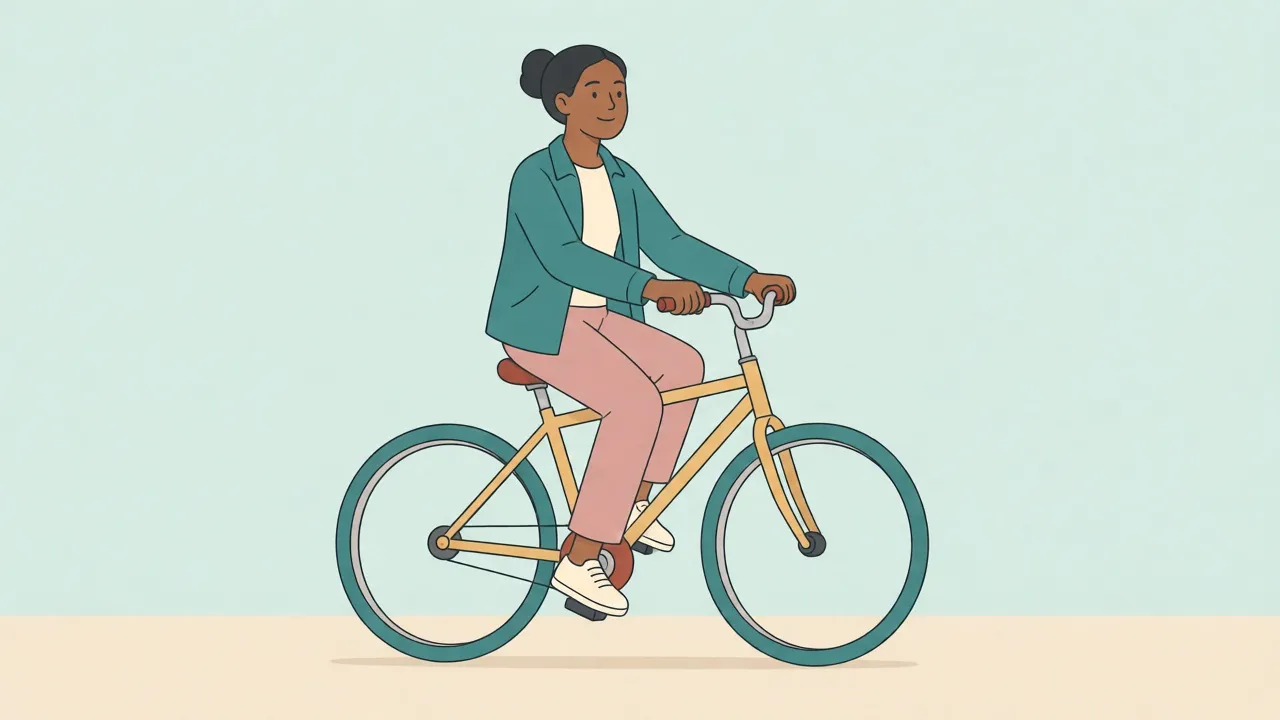 An adult in a teal jacket rides an upright bicycle on a flat path, fully clothed, hands on the handlebars, sitting upright