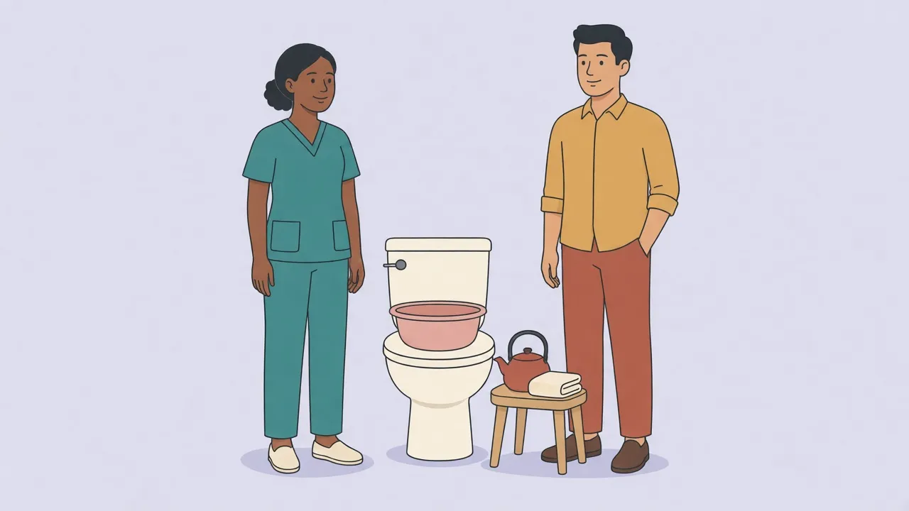 A clinician in teal scrubs and a patient in a mustard shirt stand beside a toilet fitted with a pink sitz basin, with a kettle and a folded towel on a small wooden stool.
