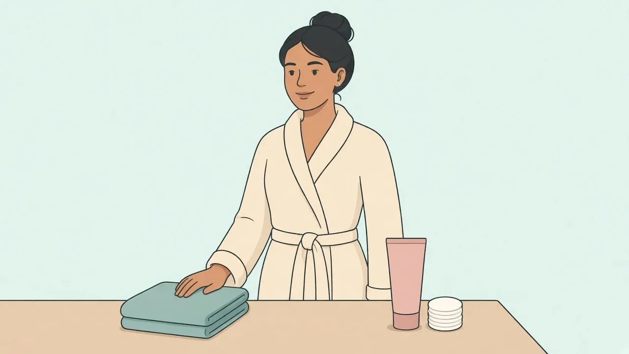 A person in a robe stands at a bathroom counter beside a folded towel, a plain unlabeled tube, and a stack of round cotton pads.