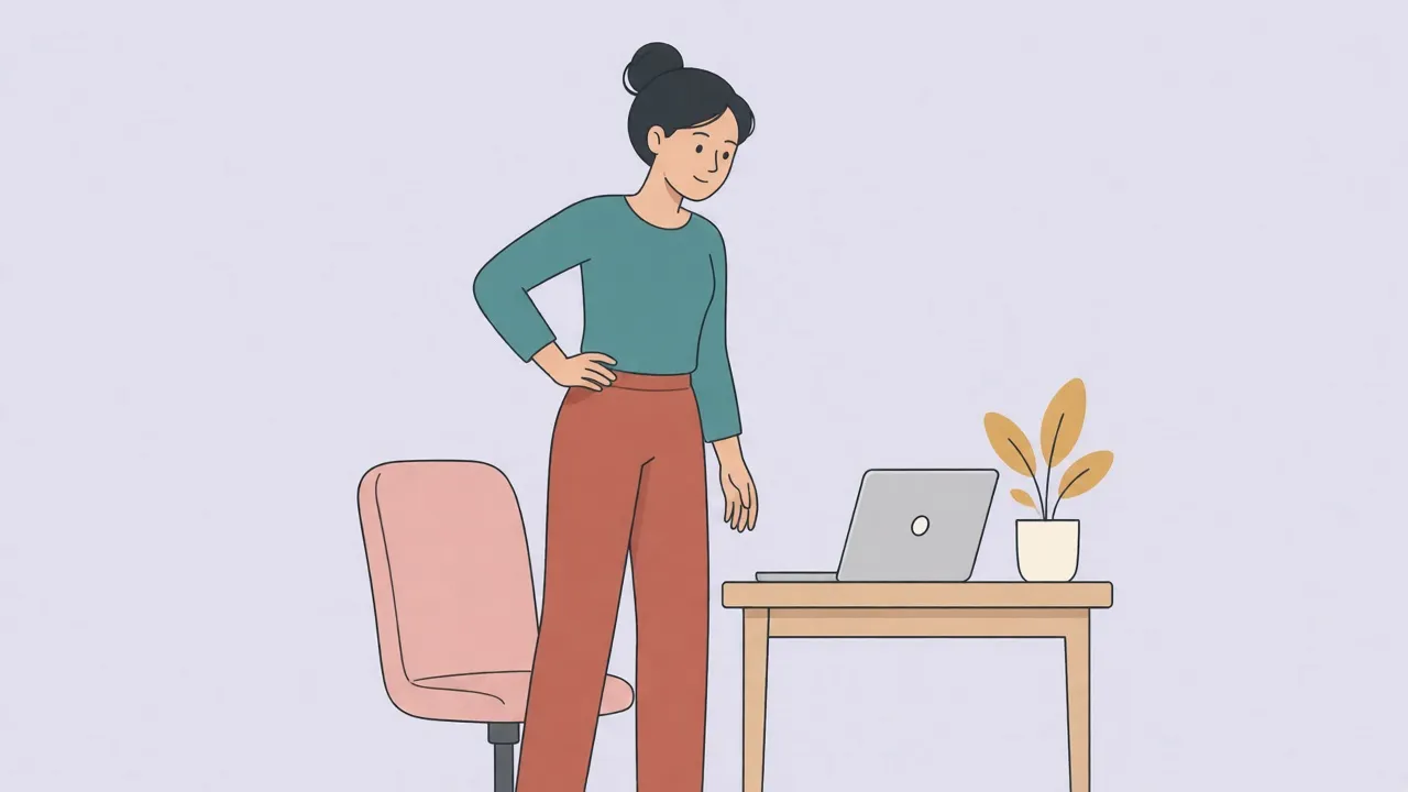 A woman in a teal blouse rises slowly from an office chair with one hand on her hip, wincing slightly
