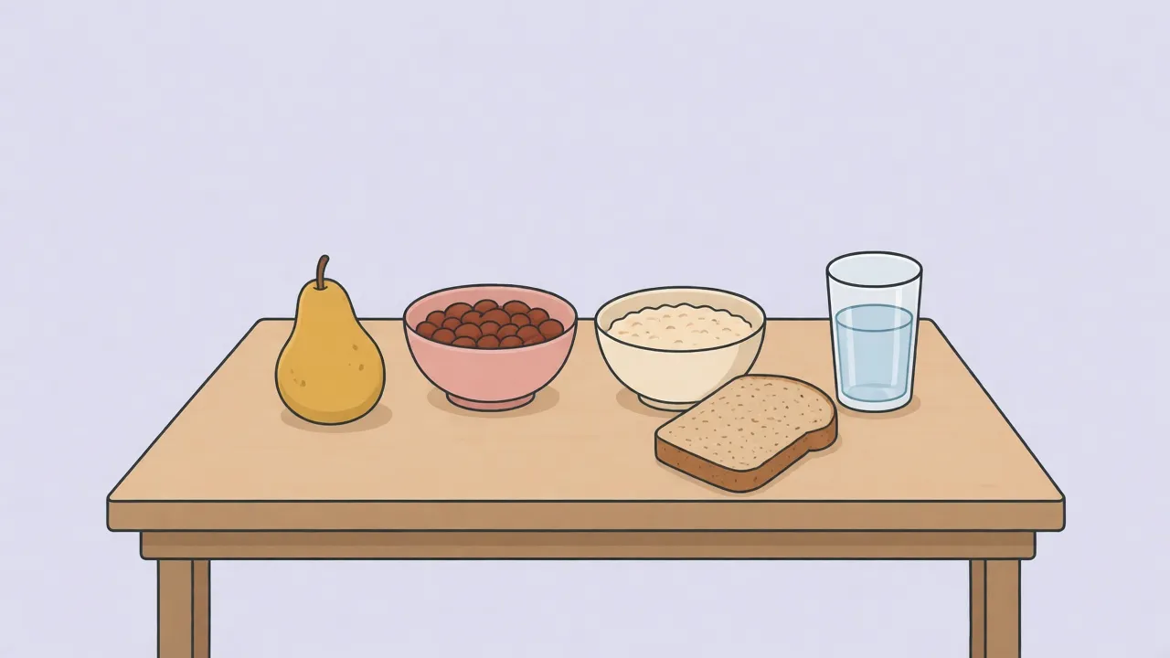 A wooden table with a pear, a bowl of beans, a bowl of oatmeal, a slice of whole-grain bread, and a glass of water
