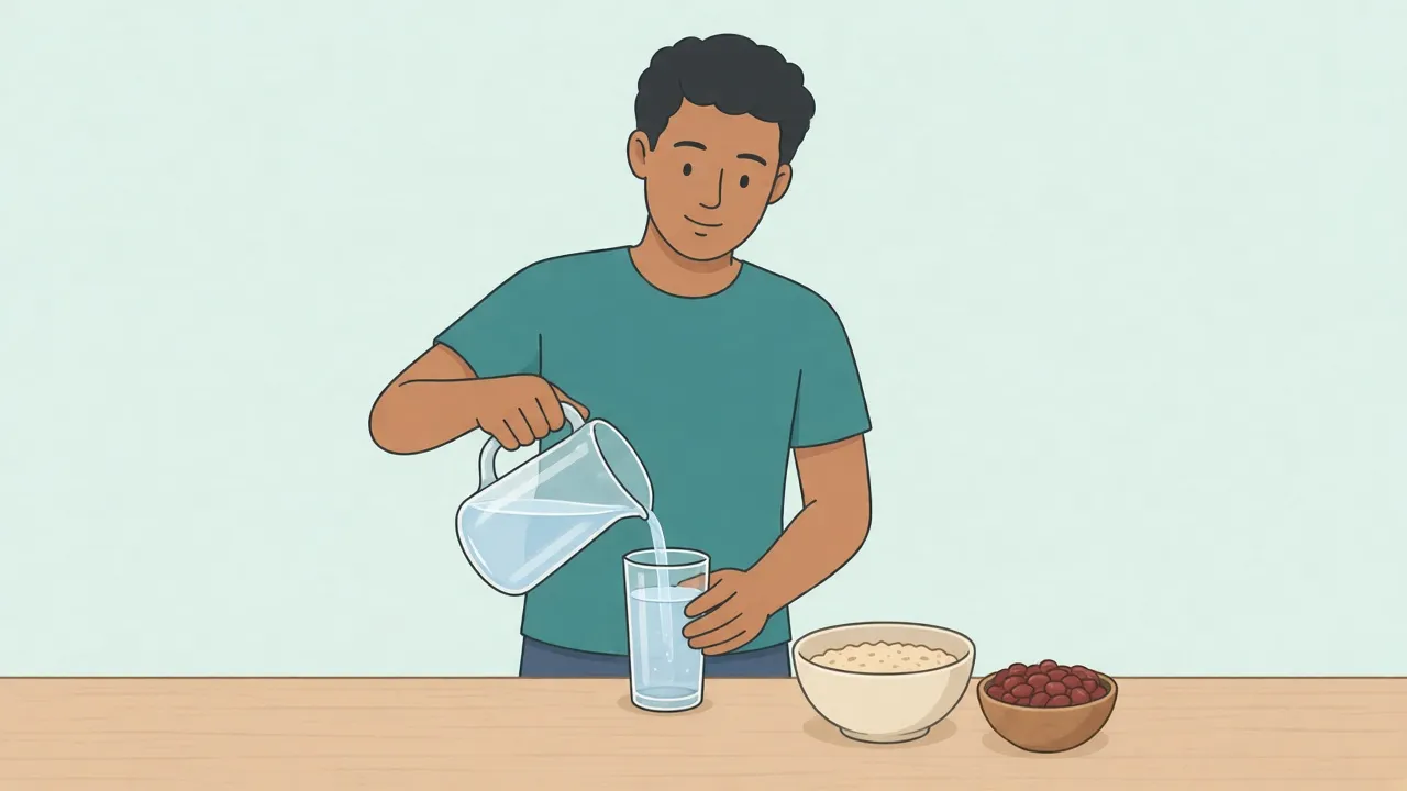 A person in a teal shirt pours a glass of water beside a bowl of oatmeal and a small bowl of beans