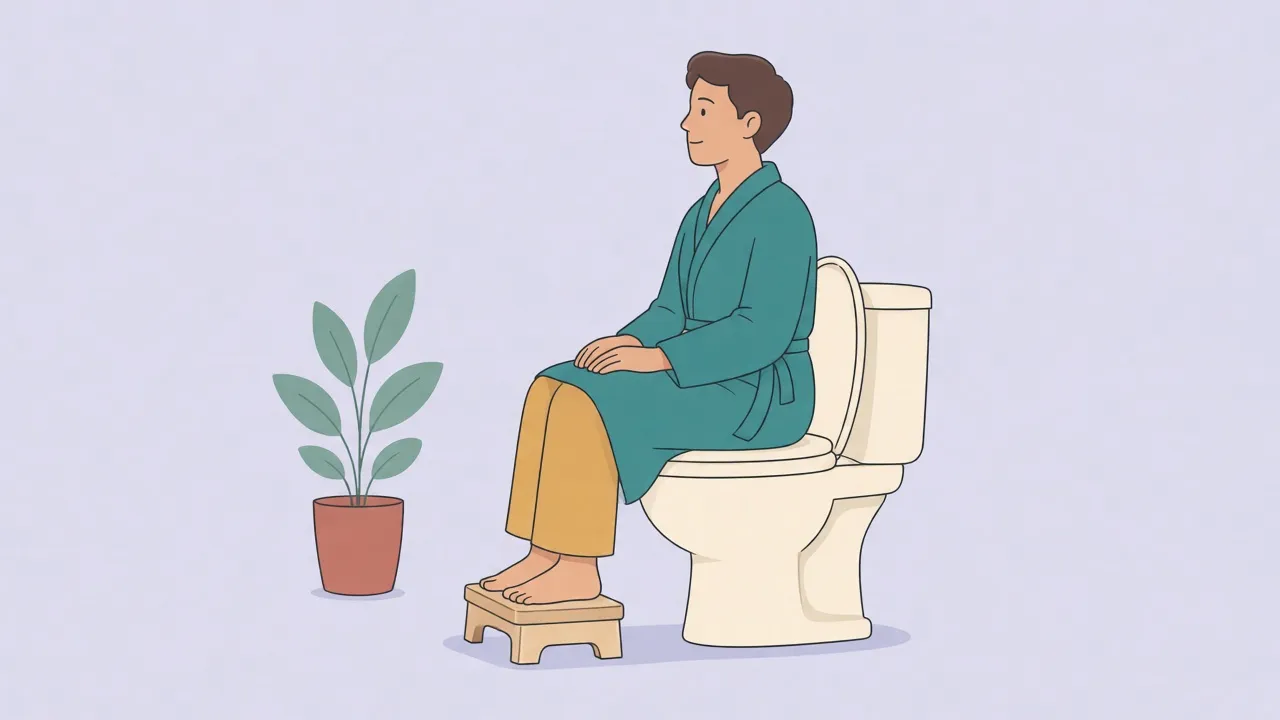 An adult in a long robe and loose pants sits on a closed toilet lid, feet resting on a small wooden footstool so the knees sit above the hips