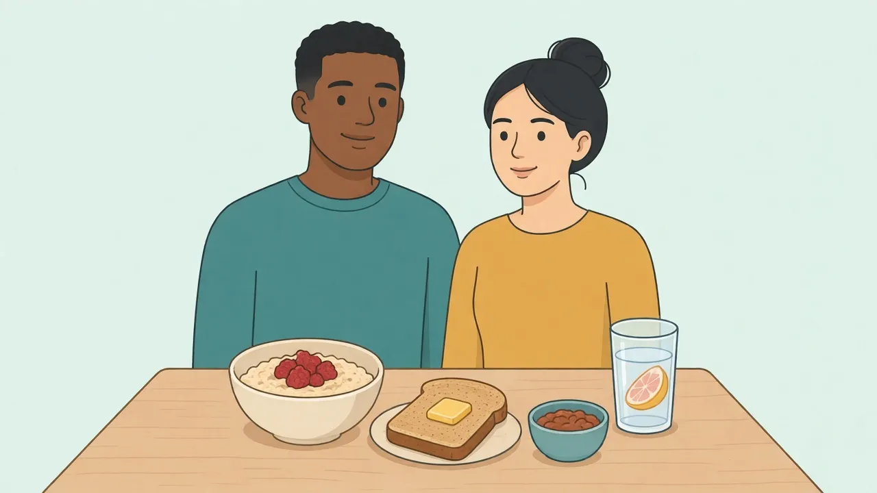 A wood table holds a bowl of oats with berries, a piece of whole-grain toast, a small bowl of beans, and a tall glass of water