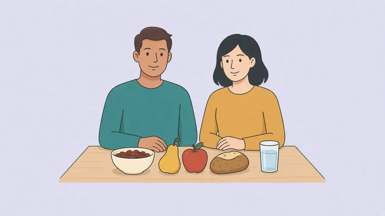 Two adults at a kitchen table with a pear, an apple, a bowl of beans, a baked potato, and a glass of water