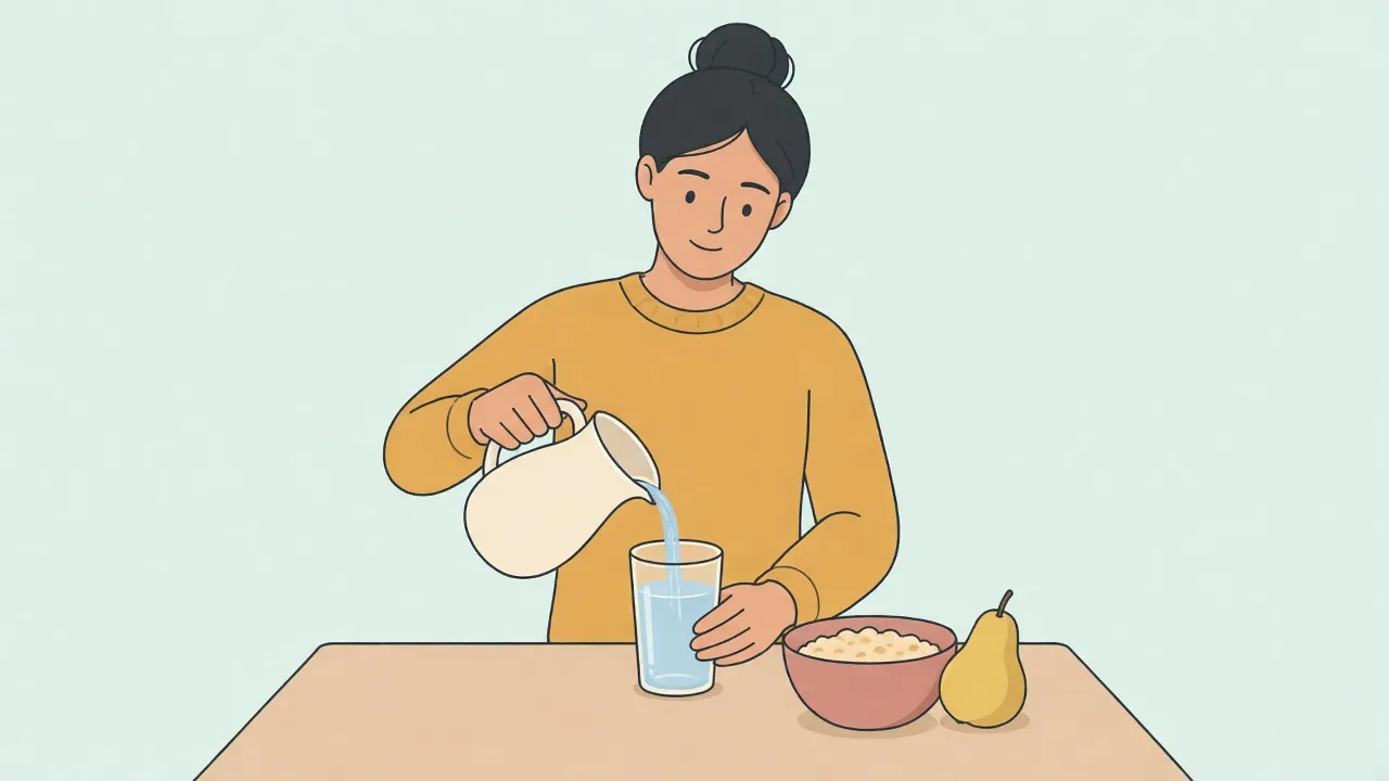 An adult in a mustard sweater pours water from a pitcher into a glass beside a bowl of cereal and a pear