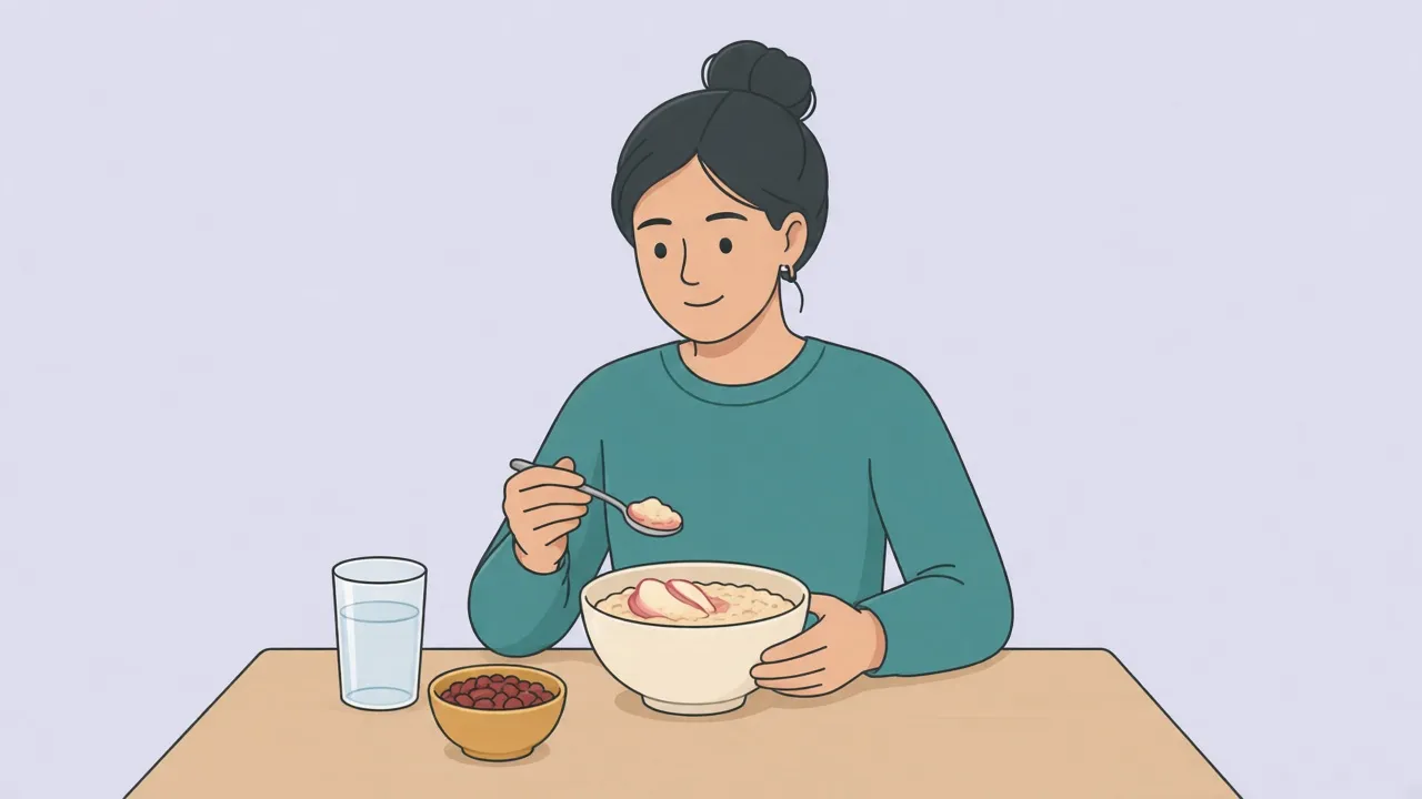 An adult at a kitchen table eating a bowl of oatmeal topped with pear slices, with a glass of water and a small bowl of beans beside the plate