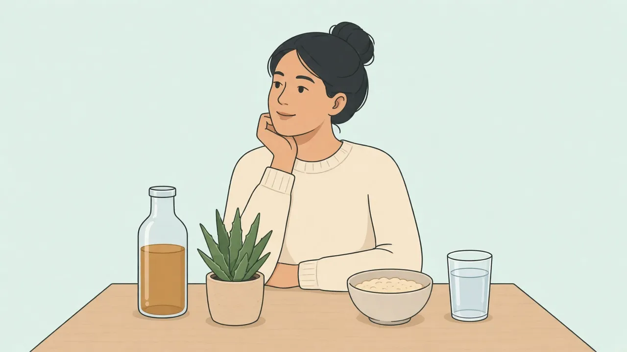 An adult in a sweater sits at a kitchen table, looking at an unlabeled glass bottle and a small aloe plant pushed to the side, with a glass of water and a bowl of oatmeal in front of them