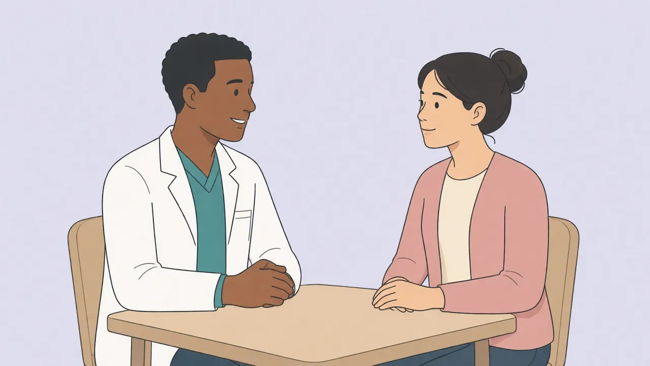 A doctor in a white coat talks with a patient in a cardigan across a small table in a plain consultation room