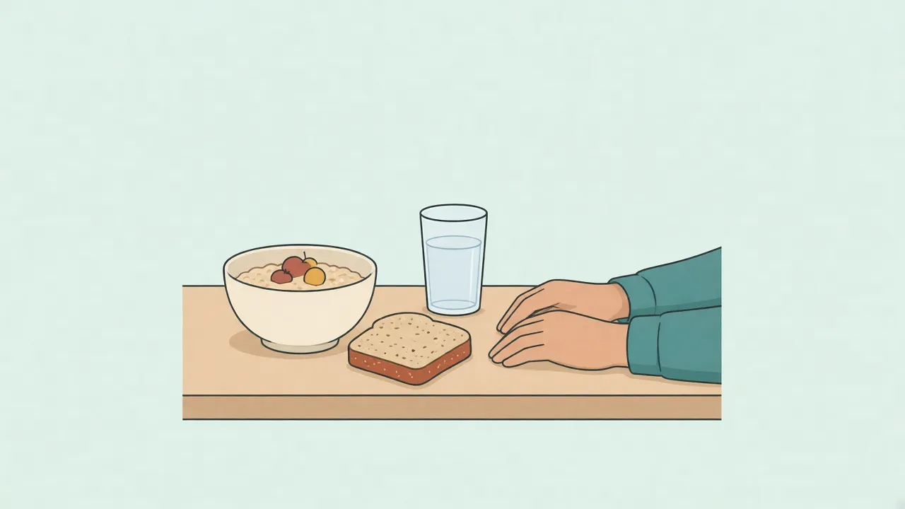A kitchen counter holds a bowl of oatmeal with berries, a piece of whole-grain bread, and a tall glass of water