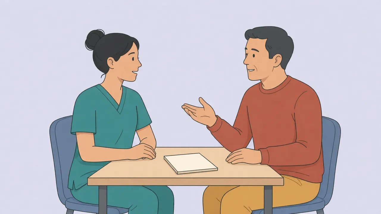 A surgeon in teal scrubs and an adult patient sit across a desk in a consultation room, both fully clothed, talking with a blank notepad between them