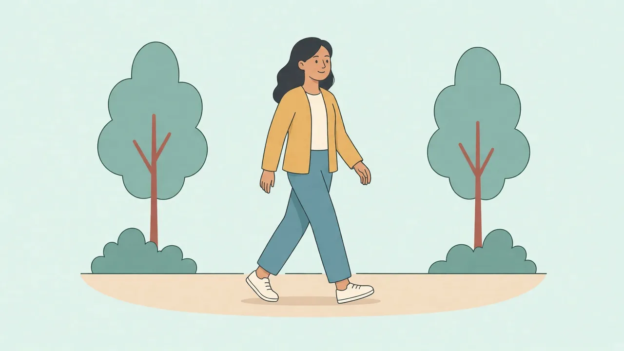 An adult in a jacket walks at an easy pace on a park path, fully clothed, a few days after feeling well enough to be outside