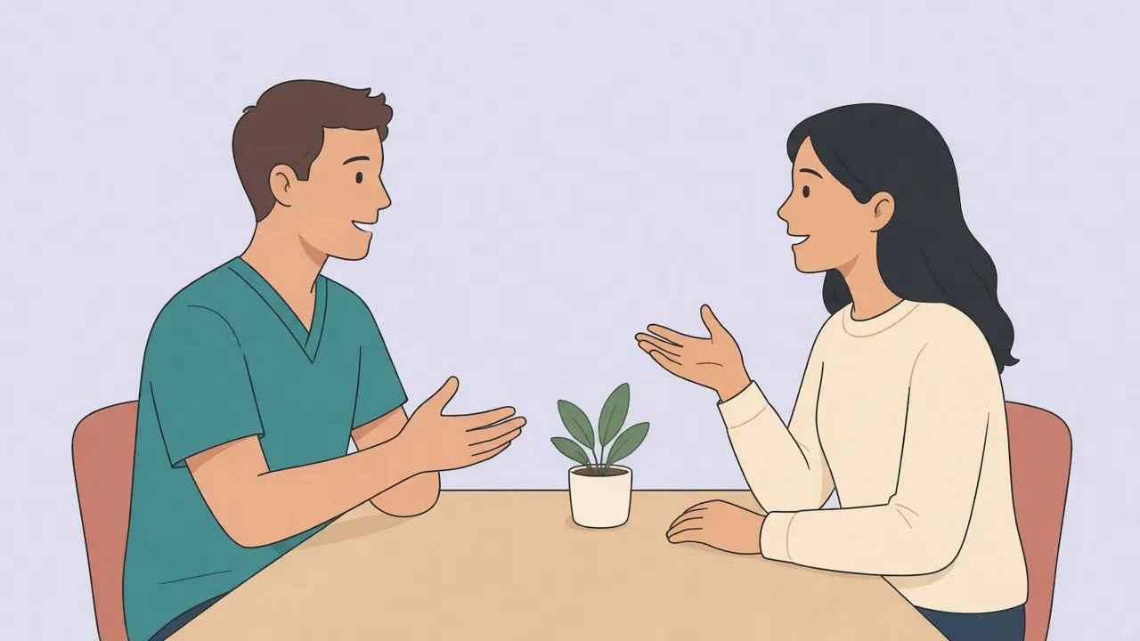 A clinician and a patient sit across a desk in a consultation room, talking, both fully clothed