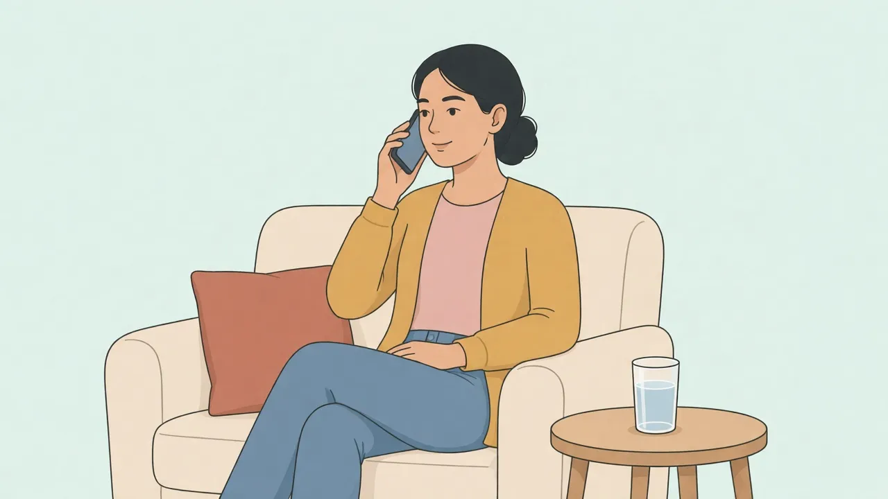 A person sits on a sofa in a cardigan, holding a phone to their ear, with a glass of water on the table