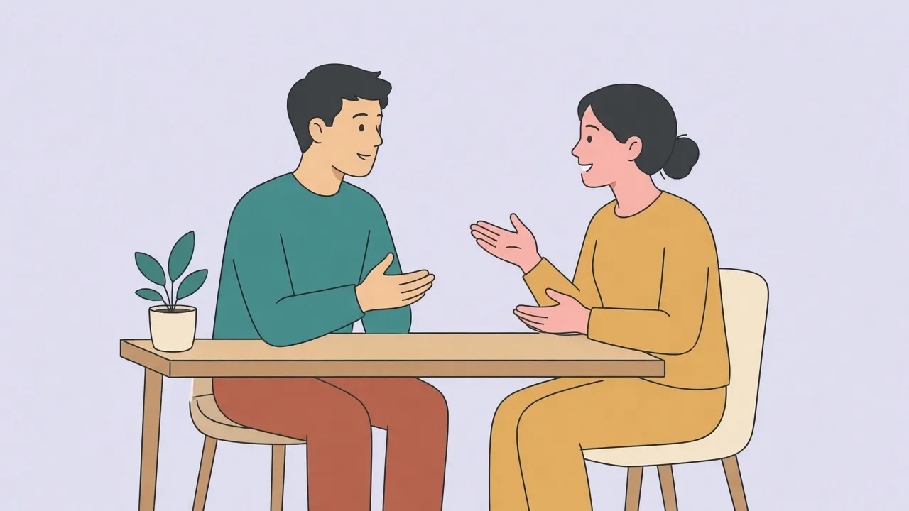 A clinician and an adult patient sit across a desk in a consultation room, both fully clothed, talking with open hands