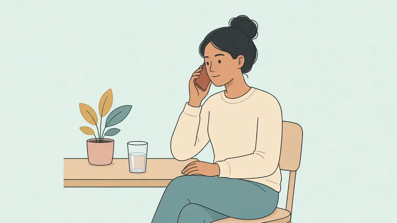 An adult sits at a kitchen table in a sweater, fully clothed, holding a phone to the ear while booking a visit