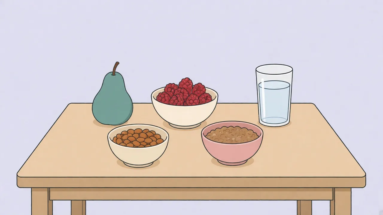 A kitchen table with a pear, a bowl of raspberries, a bowl of beans, a bran cereal bowl, and a tall glass of water