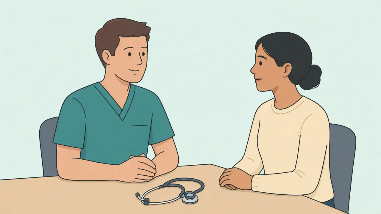 A doctor and an adult patient seated across a desk in a consultation room, both fully clothed, talking