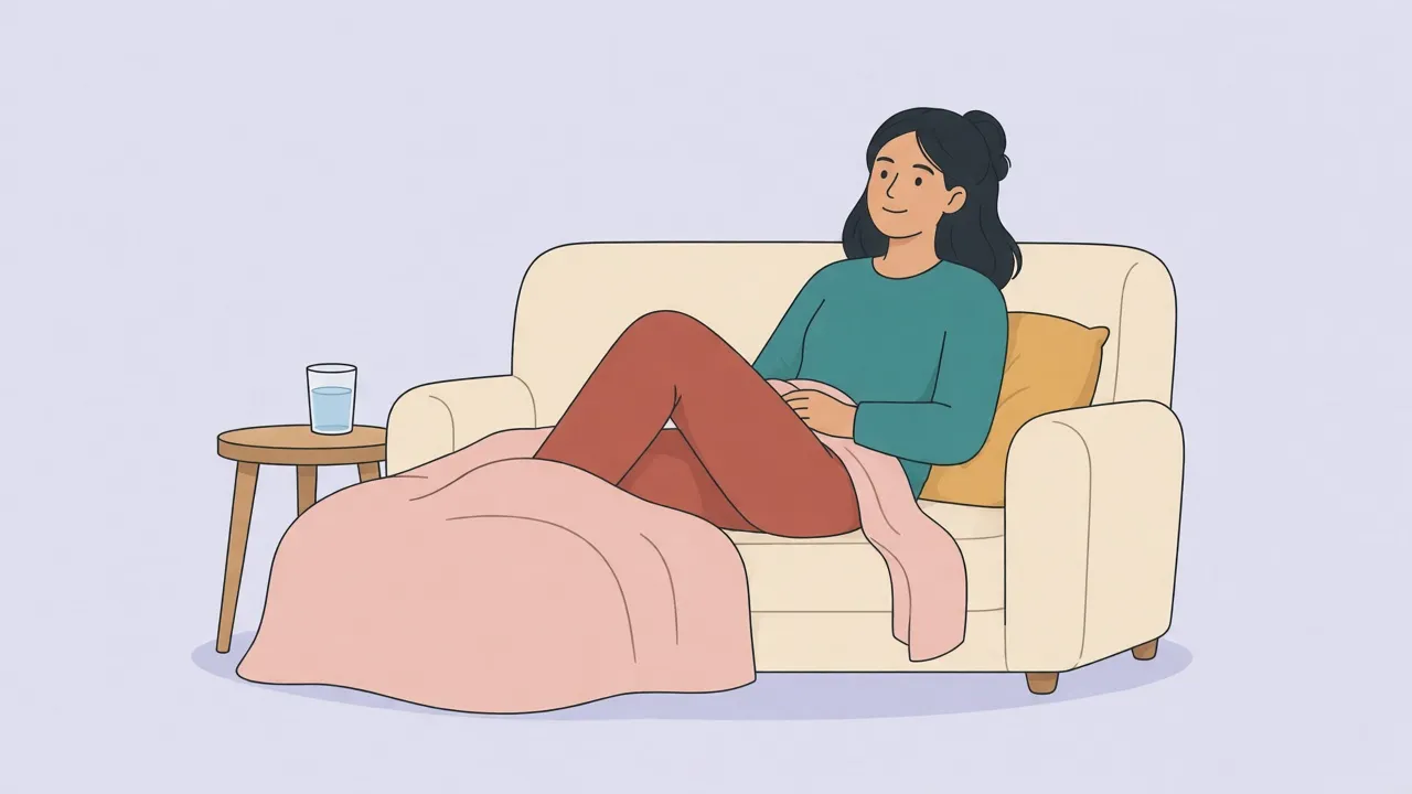 An adult resting on a sofa under a light blanket, fully clothed, with a glass of water on a side table