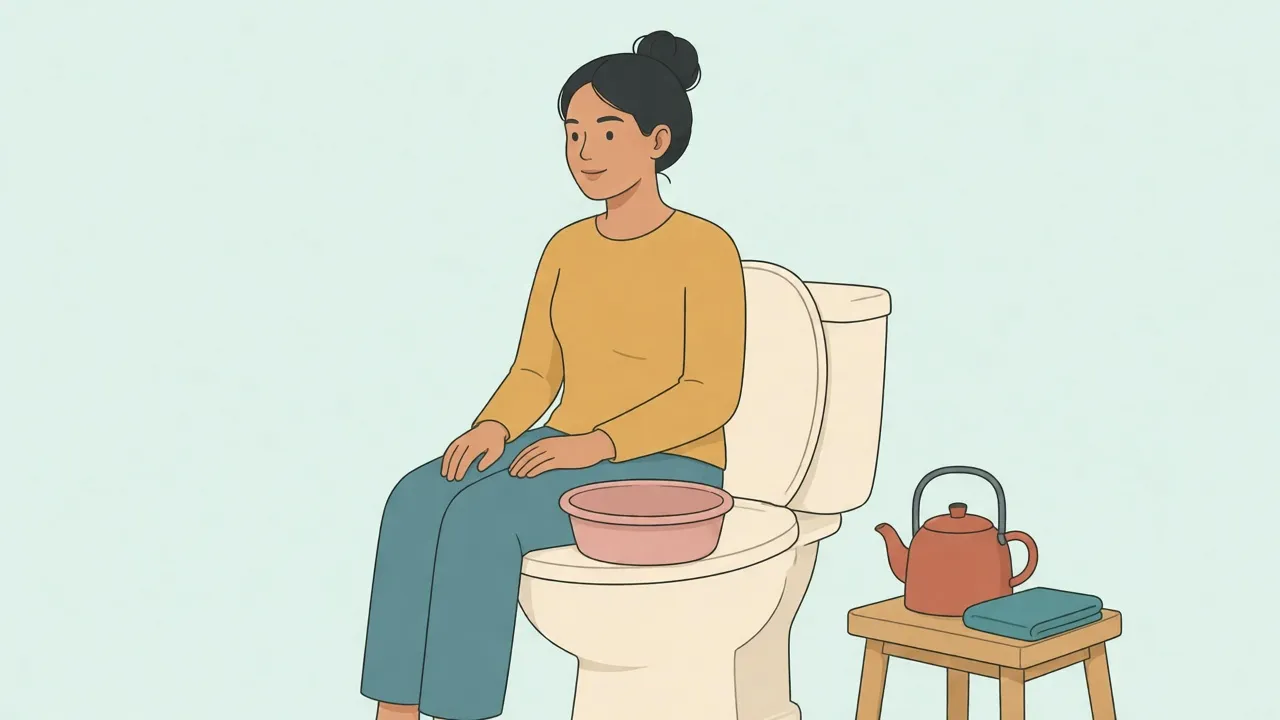A fully clothed adult sits on the edge of a bathtub beside a toilet fitted with a sitz basin, a kettle, and a folded towel