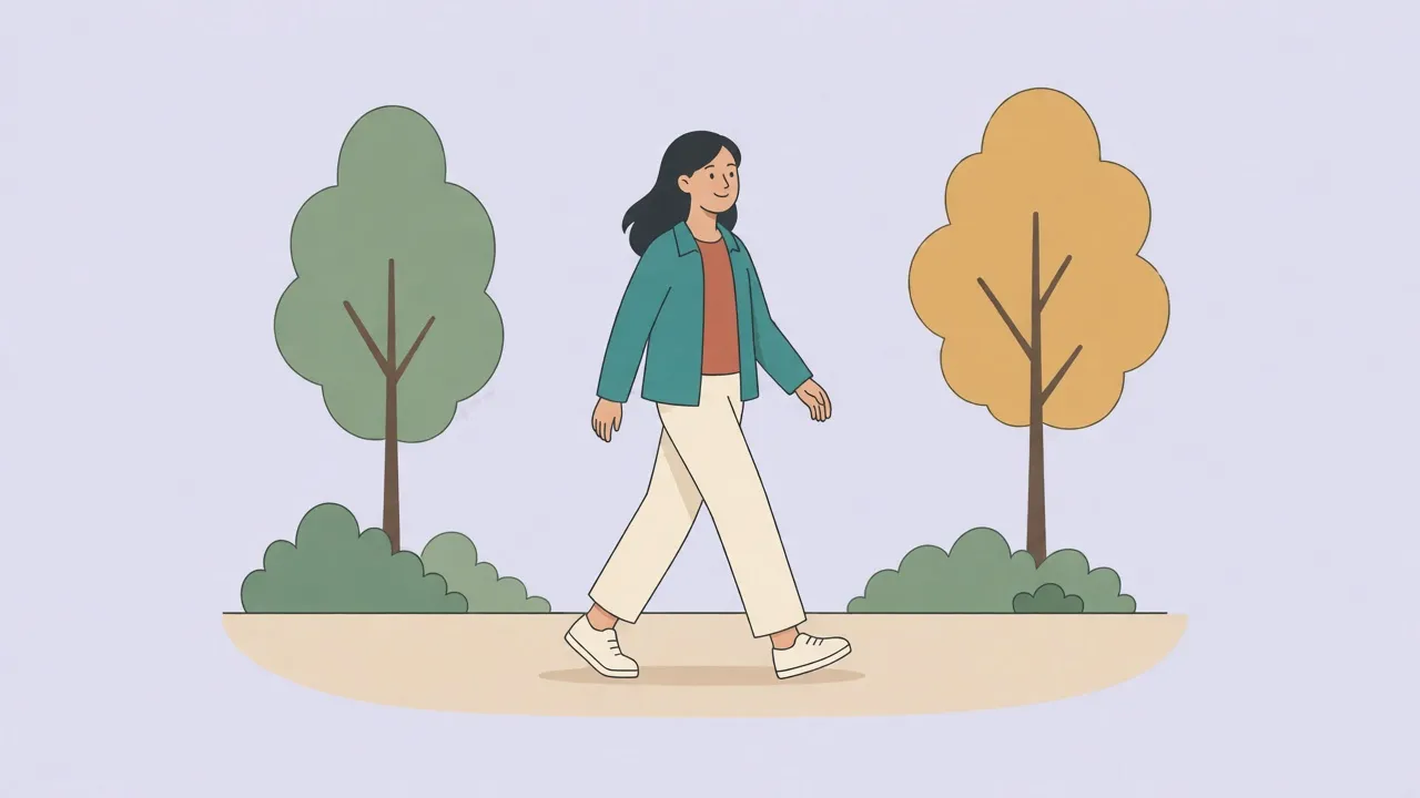 An adult in comfortable clothes walks at an easy pace on a park path during recovery