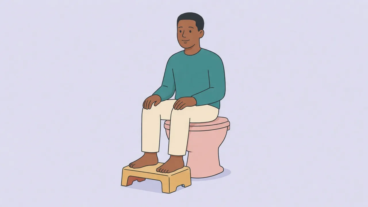 A person in a sweater and trousers sits on a closed toilet lid with both feet on a small wooden footstool so the knees sit higher than the hips.