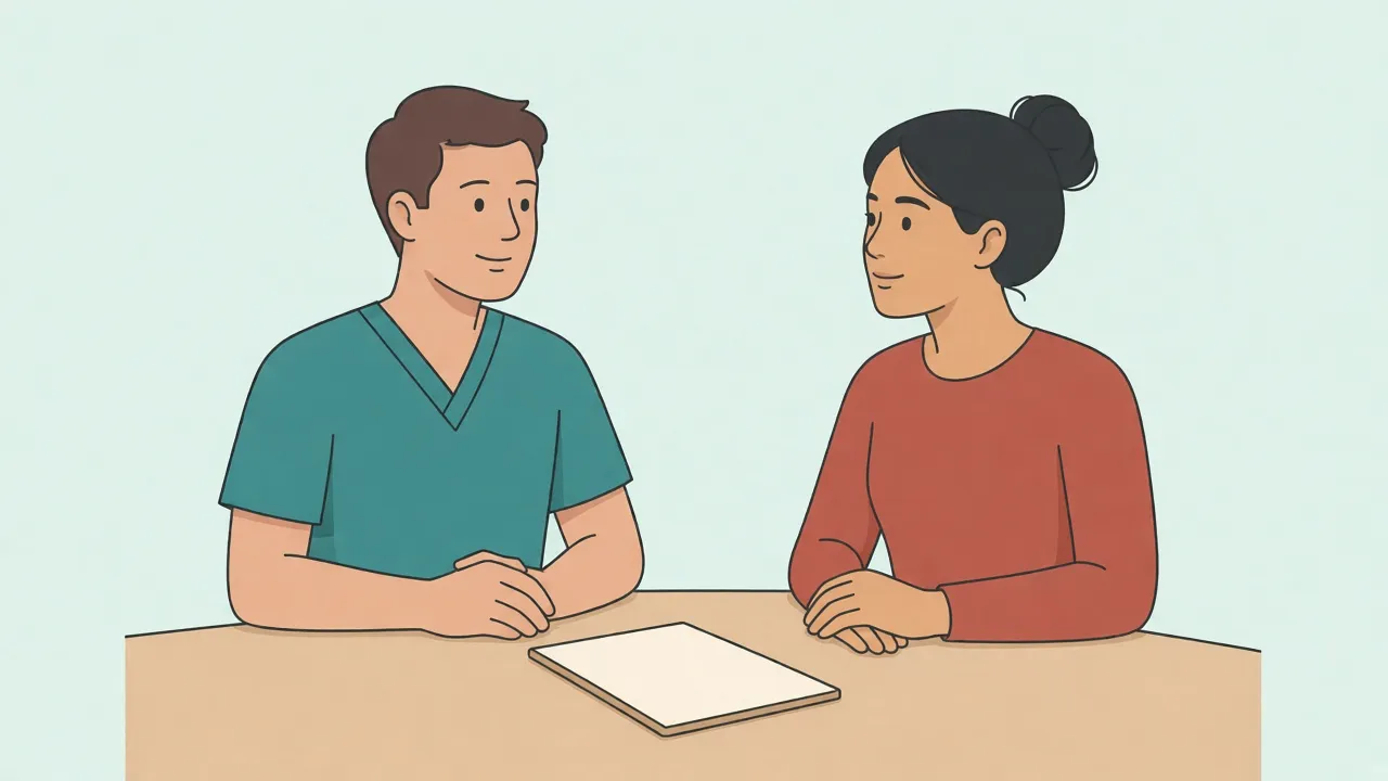 A doctor in teal scrubs and a patient in a red shirt sit across a table with a blank sheet of paper between them.