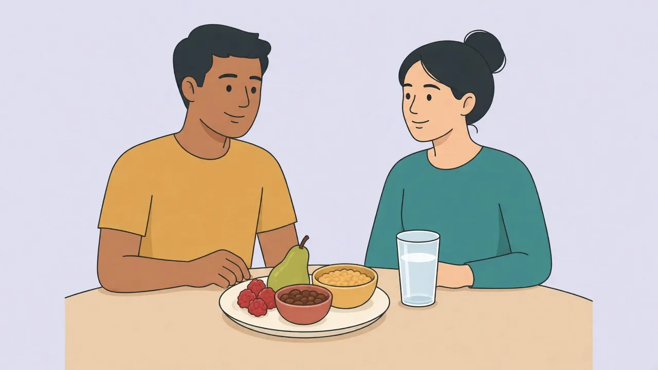 Two adults sit at a table with a plate of raspberries, beans, and a pear, plus a bowl of cereal and a glass of water.