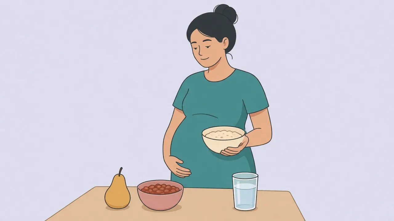 A pregnant woman in a teal dress holds a bowl of oatmeal, with a pear, a bowl of beans, and a glass of water on the table