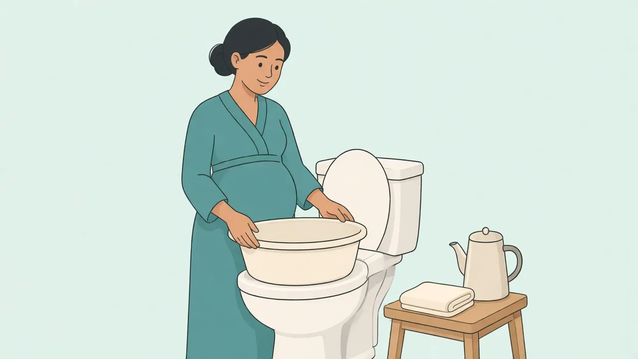 A pregnant woman in a teal robe sets a basin on a toilet, with a folded towel and a kettle on a wooden stool beside her