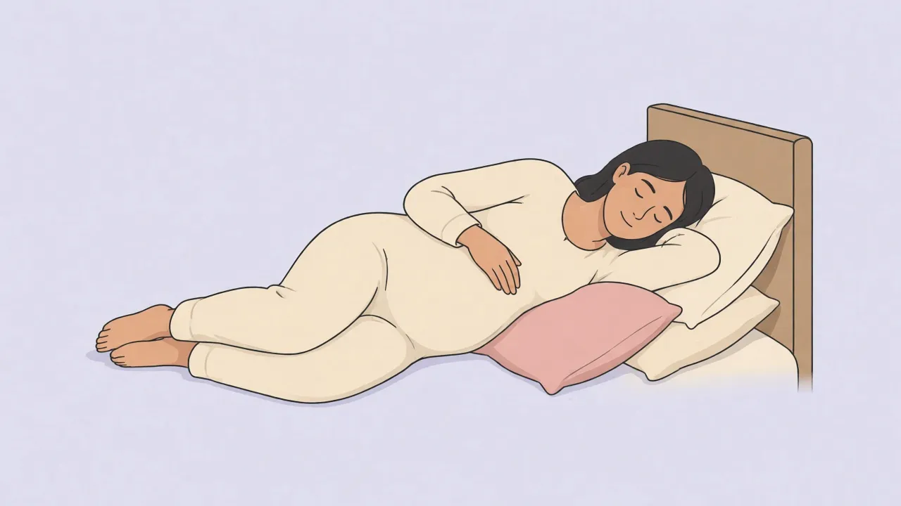 A pregnant woman in cream pajamas lies on her side in bed, knees bent, with a pink pillow under her belly