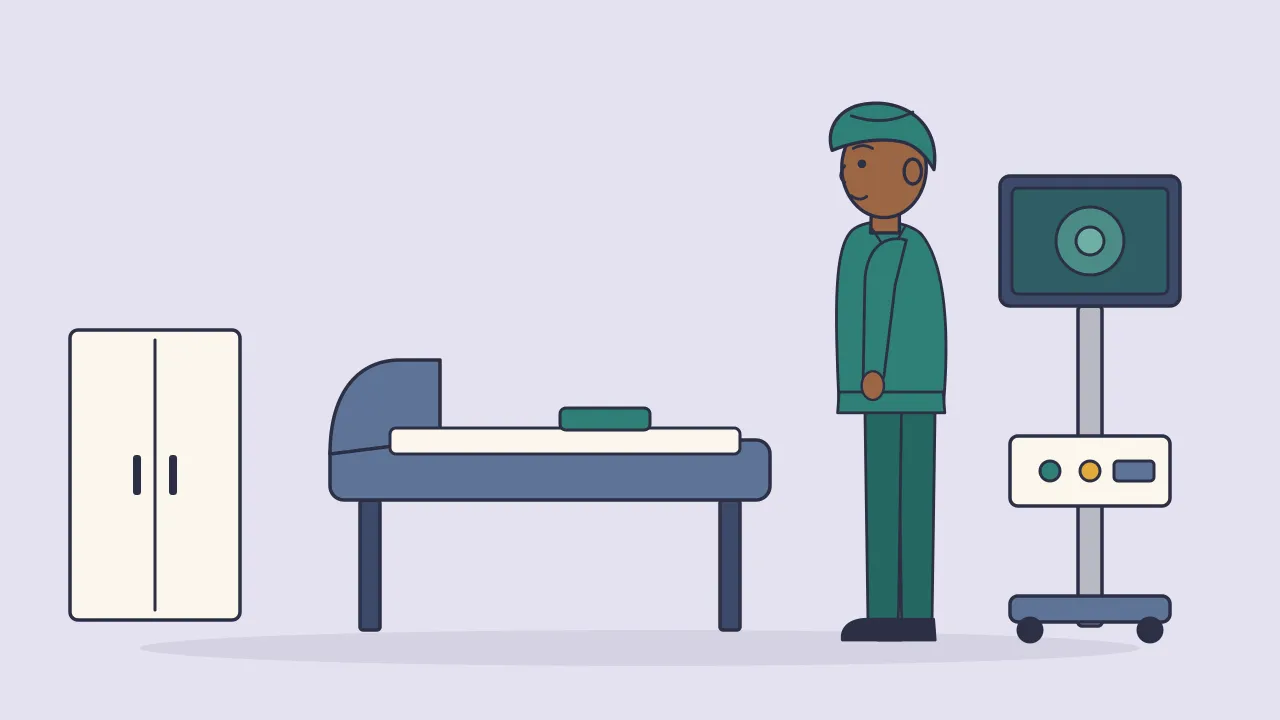 An endoscopy room with an exam bed and a folded gown, a clinician in a teal cap and scrubs, and a scope monitor on a wheeled cart