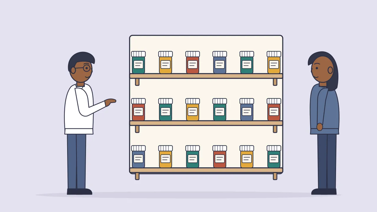 A shelf in a pharmacy aisle with rows of unlabeled supplement bottles, and a pharmacist pointing to one while an adult customer listens