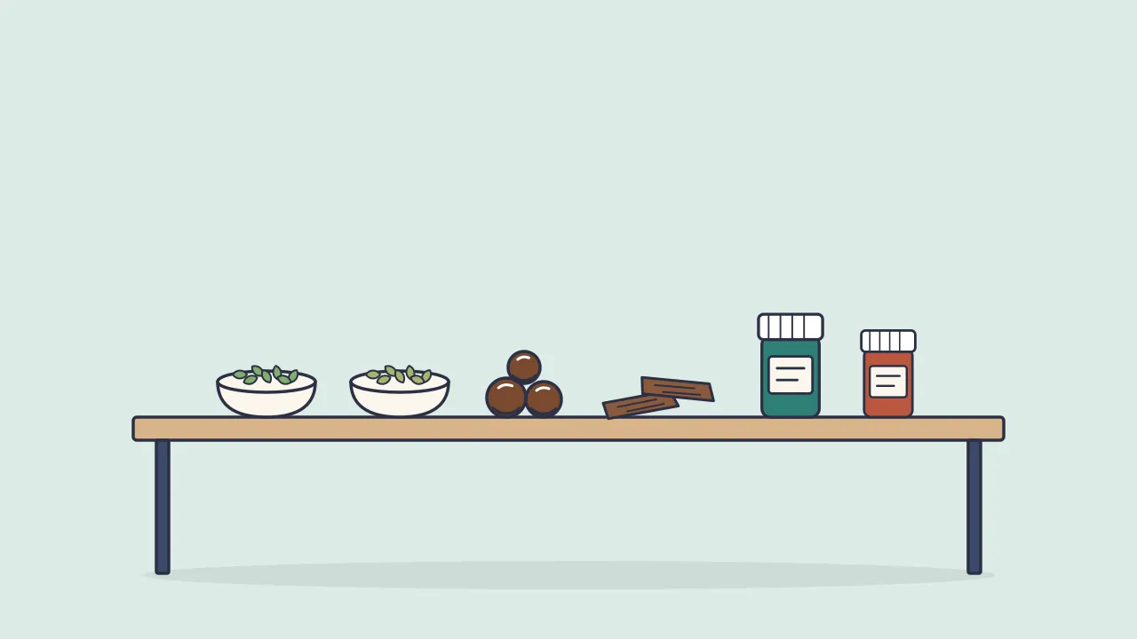 A wooden table with small bowls of dried herbs, a few horse chestnuts, pine bark pieces and two unlabeled supplement bottles