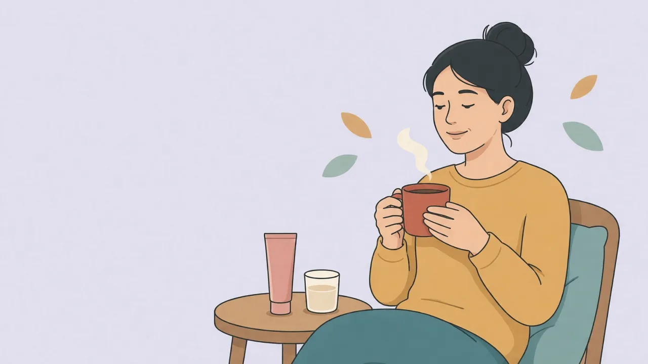 A person resting on a sofa with a warm drink, a cushion, and a folded towel nearby