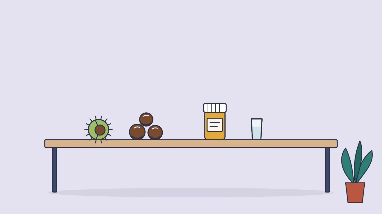 Shiny brown horse chestnuts and a split spiky green husk on a table beside a small supplement bottle and a glass of water