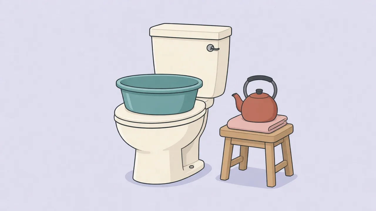 A sitz bath basin fitted on a toilet, with a kettle and a folded towel on a small stool beside it