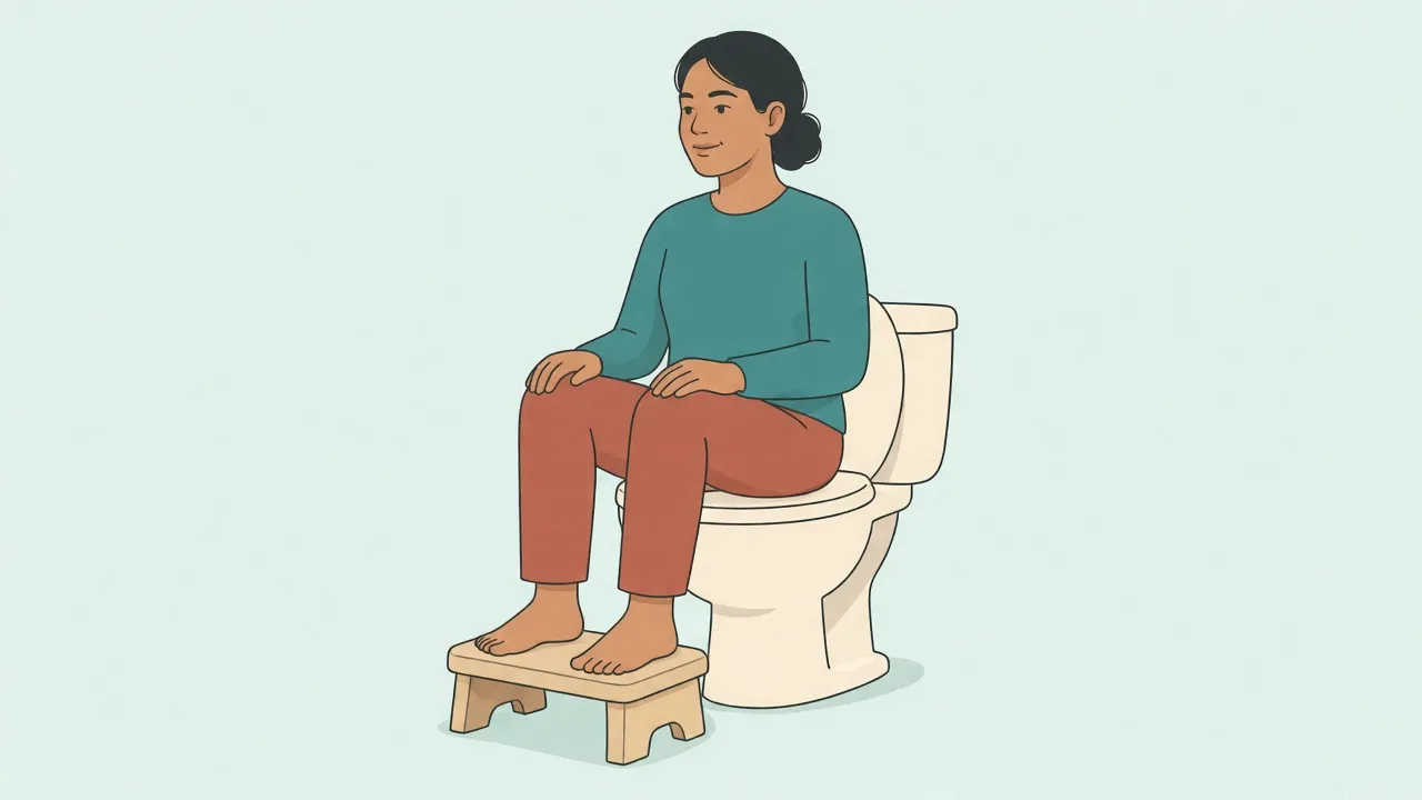 An adult in a sweater and trousers sits on a closed toilet lid with both feet on a small footstool, knees higher than the hips