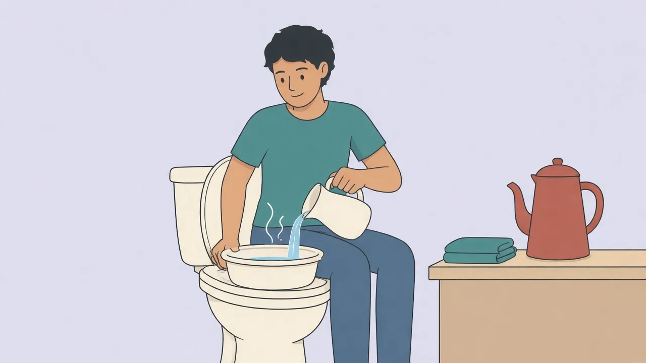 An adult in a teal shirt sits fully clothed on a toilet with a plastic sitz basin, pouring warm water from a pitcher, with a folded towel and a kettle on the counter